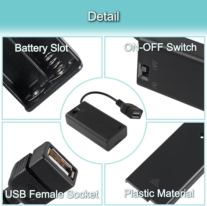 5 PCS 2 AA Battery Box Holder with USB Female Cable Socket 2 AA Power Supply Battery Case Box with ON-Off Switch, for Mini Fan Light, Toy RC Car, LED Strip