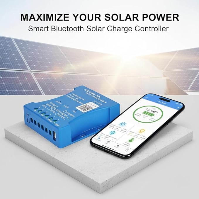 10A Bluetooth Solar Charger Controller 12V/24V Intelligent Regulator Solar Panel Battery Charging Statistics Pwm with USB Port 12V24V Lead-Acid/Lithium Battery
