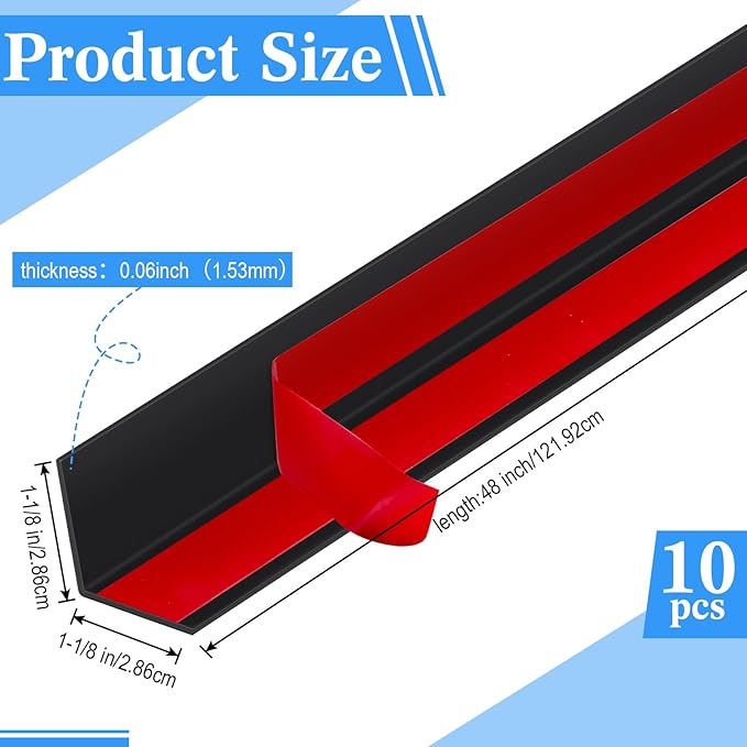 Sasylvia 10 Pcs 1-1/8 x 48 Inch Wall Corner Protector Guards with Self Adhesive, Black Vinyl Corner Trim Molding Plastic for Wall Furniture Door Tables Cabinet Edge, Avoid Scratching, Easy Install