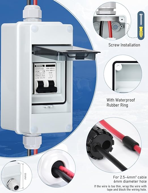 DIHOOL Solar Panel Disconnect Switch with IP65 Din Box, 20 Amp Dual Pole 12V-400V, Non Polarized AC DC Miniature Circuit Breaker, PV Array Shut Off Isolator