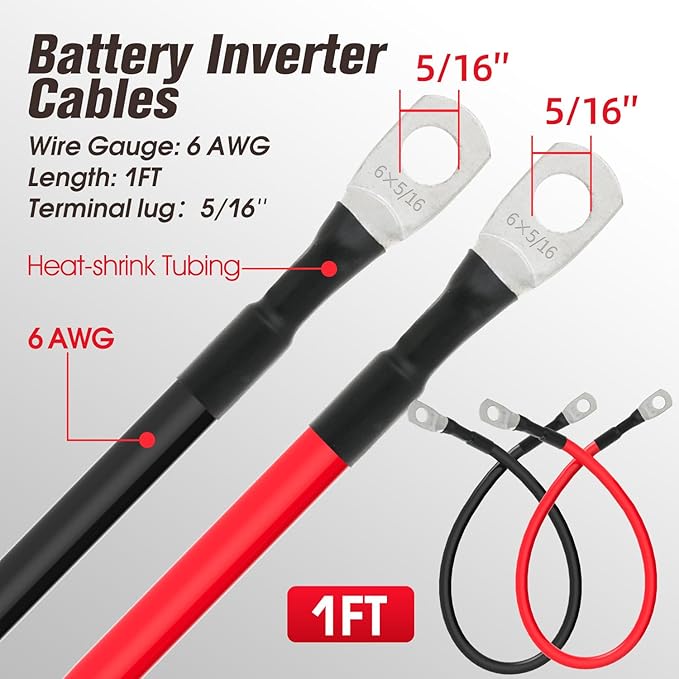 6 AWG Battery Cable 6AWG Gauge Battery Inverter Cables for Automotive Solar Marine Boat RV Car Motorcycle (6 AWG, 1FT, 5/16")