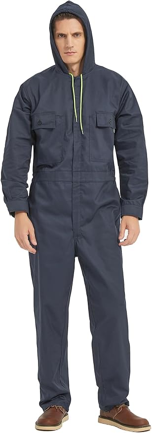 Mens Cotton Blend Long Sleeve Coverall Multi Pockets Zip Overall Mechanic Work Jumpsuit with Hood