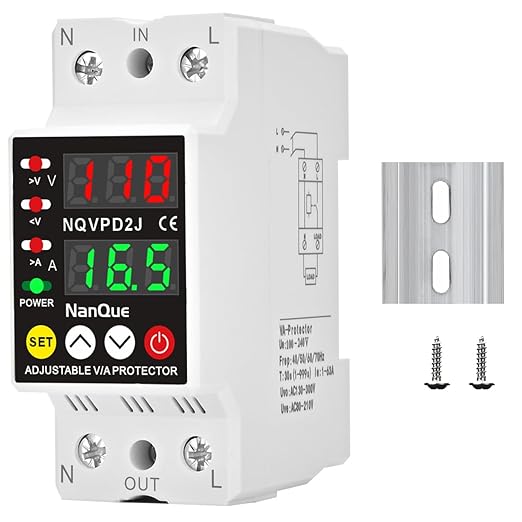 100-240V Universal Adjustable Over Under Voltage and Current Protector Automatic Recovery 80-300Volt 1-63Amp 40-70Hz Self Reset Electrical V A Display AC DC Power Meter Single Phase (63A)