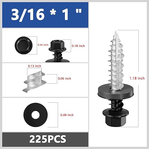 # 3/16 * 1 "225PCS 2lbs Black Hexagonal Metal Sheet roof Screws, # 10 * 1 with EPDM Washer and Hexagonal self Tapping, Used for Metal to Wood and Corrugated Roofs. 5 * 25mm