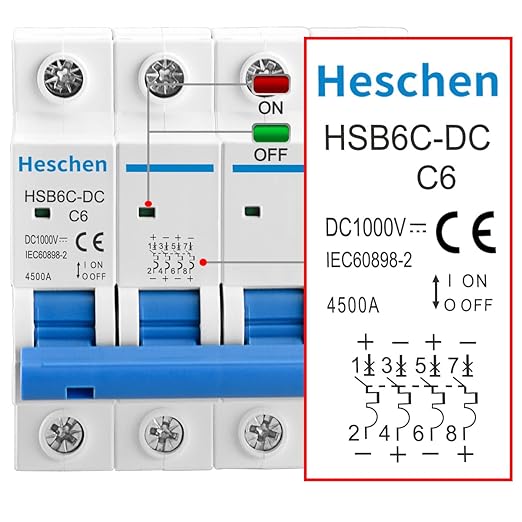 Heschen DC Miniature Circuit Breaker, HSB6C-DC, 4 Poles, DC1000V 6A, Photovoltaic Circuit Breaker, for Solar PV System Solar Panels Grid System, 35mm DIN Rail Mounting