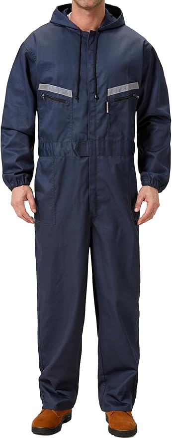 Mens Work Coveralls Mechanic Hooded Overall Workwear Jumpsuits Long Sleeve Hi Viz Coverall with Zippers