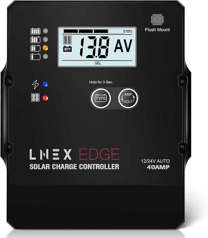 Solar Charge Controller with Flush Mount Design, 6 Stage Charging with LCD Display 12V/24V Auto PWM Controller 40A for LiFePO4, AGM, Gel, Flooded and Lithium Battery