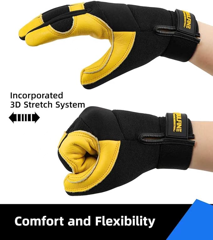 DULFINE Cow Leather Palm Mechanic Work Gloves for Men & Women,Flexible Breathable Fit-Padded Knuckles,Ideal for Construction Yardworks DIY