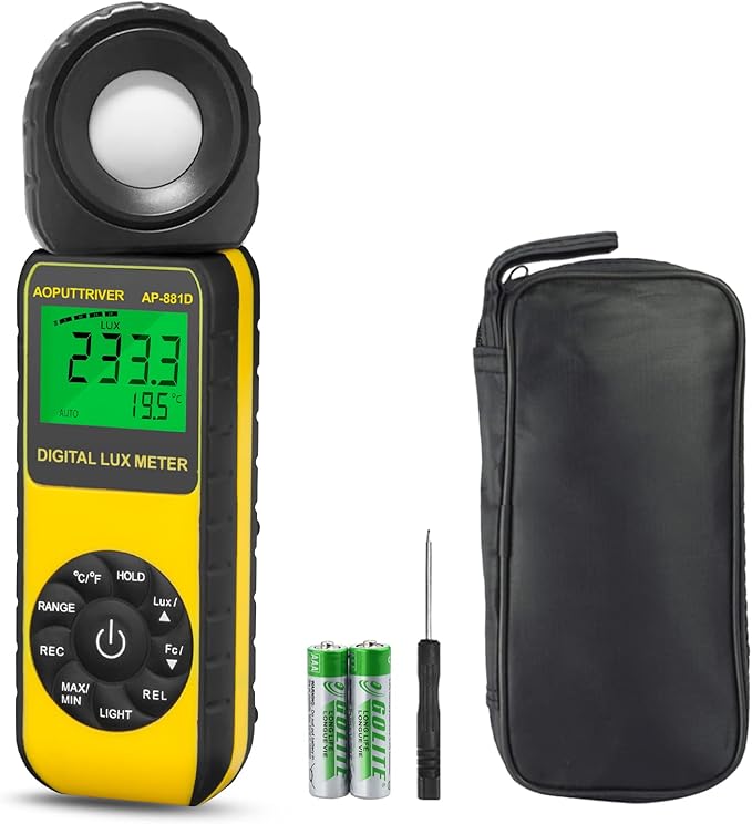 Light Meters, AP-881D Lux Meter with Ambient Temperature（℃/℉） Measurer Light 0.01~400,000 Lux (0.01~40,000 FC), Luxmeter with 270º Rotated Sensor, Back Light, Data storag for Plants LED Indoor Lights