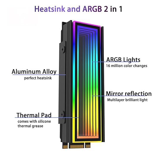 ARGB M.2 Heatsink SSD Heat Sink with Thermal Pads, Aluminum 2280 M2 5V 3Pin Addressable RGB Sync OPENRGB NVME Heatsink for M.2 2280 Nvme SSD