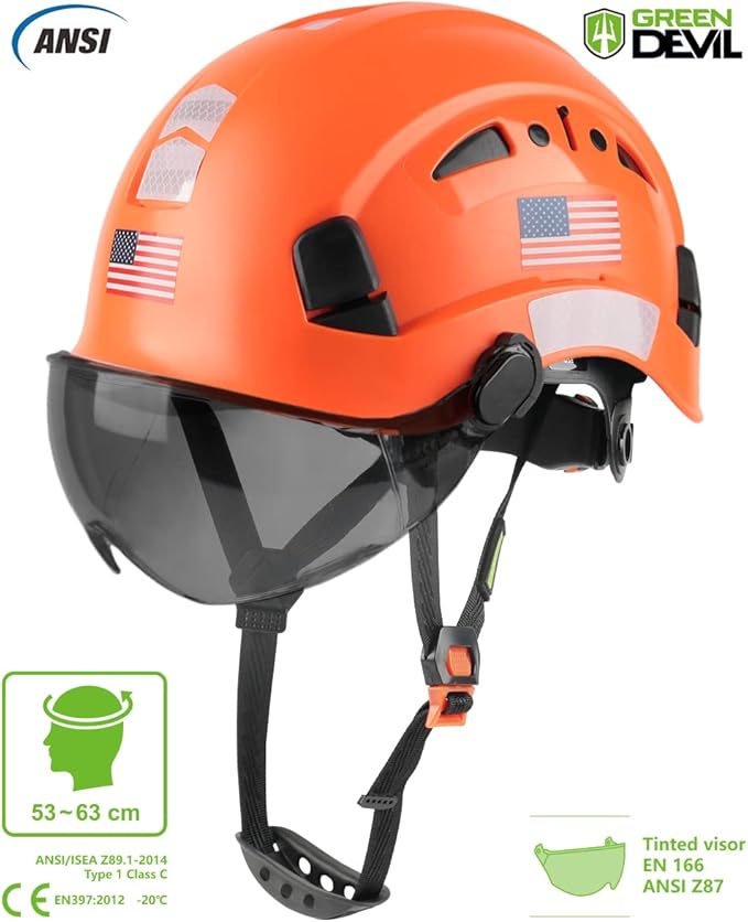 GREEN DEVIL Safety Helmet Hard Hat with Visor Chinstrap Adjustable Lightweight Vented ABS Work Helmet for Men and Women 6-Point Suspension ANSI Z89.1 Approved Ideal for Industrial & Construction