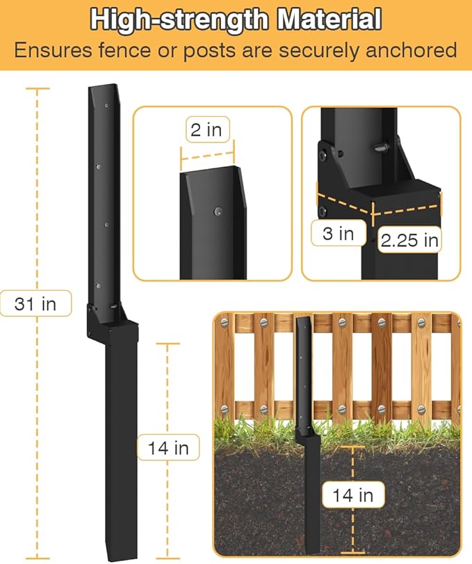 Fence Post Anchor Kit, Heavy Duty Metal Steel Fence Post Repair Kit, Fence Post Anchor Stakes Ground Spike for Repairing Tilted/Broken Wood Fence Post, Metal-Plate Style, 1 Pack, Black