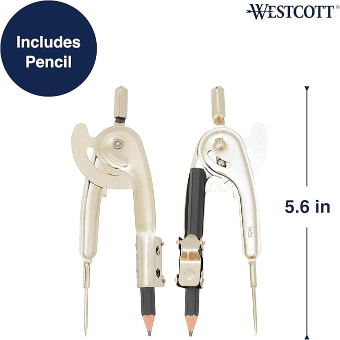 Westcott Nickel-Plated Ball Bearing Compass with Pencil, Professional Style, Back-to-School Supplies, Draws Circles up to 13 Inches in Diameter