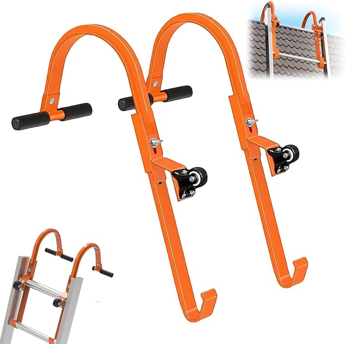 Roof Ladder Hook, 2 Pack Ladder Stabilizer with Wheel, Heavy Duty Steel 500 Lbs Weight Ratin Roof Ridge Extension, Rubber Grip T-Bar for Damage Prevention, Fast and Easy Setup to Access Steep Roofs
