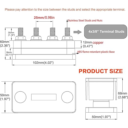 Bus Bar 12V-48V 600A Copper Busbar Distribution Blocks with 4X 3/8" Posts Terminals Powerbar, Heavy Duty DC Battery Junction Blocks 600 Amp for Car RV Truck Boat Solar Marine, Red&Black 2 Pack