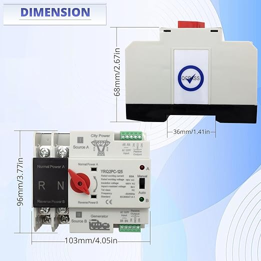 63A 110V Mini ATS Automatic Transfer Switch 2P, Din Rail Mounted Dual Power Changeover for Generator/Grid/Solar-Auto/Manual Modes for Home RV Backup Power, Overvoltage Protection, 50/60Hz CE Certified