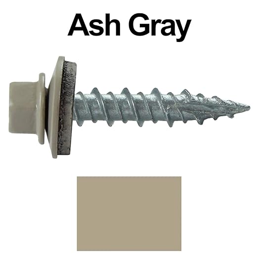 10 x 1 ASH Gray Metal Roofing Screws - Hex Washer Head- Self-Starting/Tapping - EPDM Washer. 1 Bag - 250 Screws