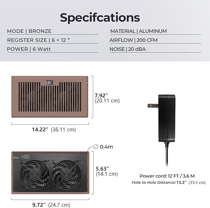 Quiet Register Booster Fan Fits 6" x 12" Register Holes, 10-Speed Smart Heating Cooling AC Vent Fan with Remote Control and Thermostat Control - Bronze
