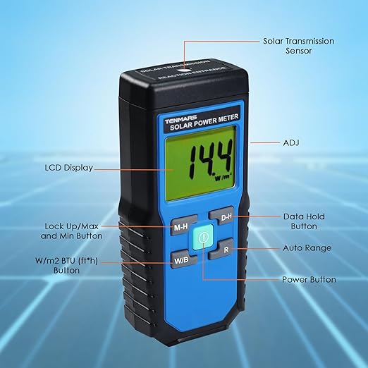 Solar Power Meter, Digital Solar Irradiance Meter Solar Energy Meter, Handheld Solar Power Meter with 2000 W/m2, 634 BTU / (ft2 · h) Measuring Range and MAX/MIN/Data Hold Function