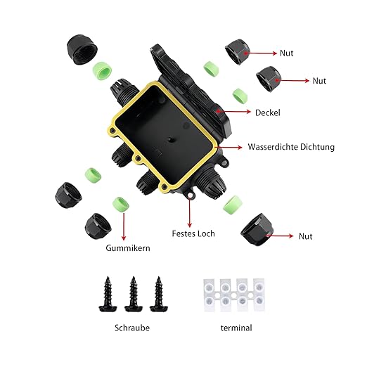 Waterproof Junction Box Outdoor, IP68 6-Way, Black, PA66 Nylon, Includes 4 Sets of Waterproof Rubber Plugs