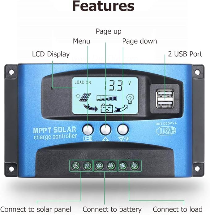 SolaMr MPPT Solar Charge Controller 50AMP Solar Panel Battery Regulator 12V/24V Auto with LCD Display Dual 5V USB Adjustable Parameter Fits for Open,AGM,Gel Lead Acid Batteries