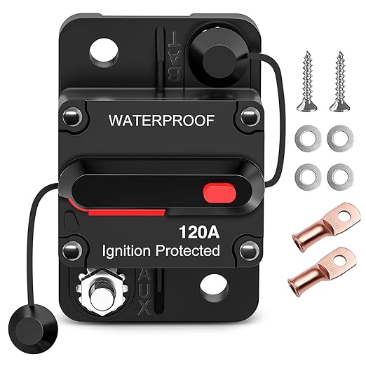 Nilight 120A Circuit Breaker Resettable 12-48V DC Manual Reset w/Copper Wire Lugs Surface Mount Overload Protection for Car Audio Sound Amplifier System RV Marine Boat Truck, 2 Years Warranty