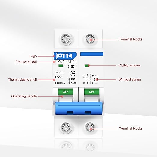 JOTTA DC 500V Miniature Circuit Breaker Mini MCB Fuse PV System Solar Engery DZ47 63A (2 Pack)