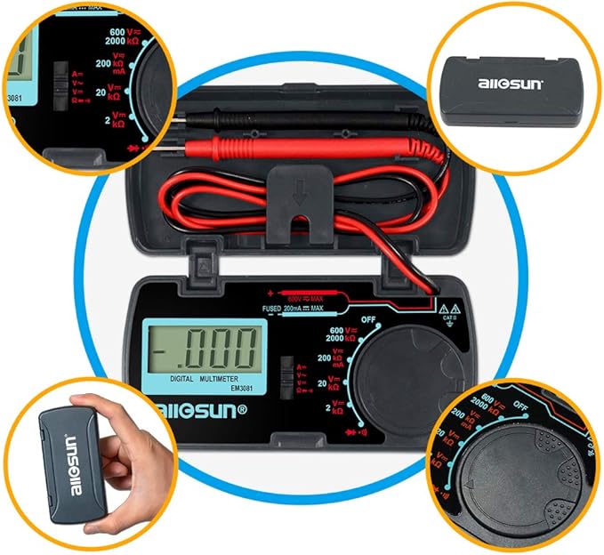 allsun Manual Range Mini Digital Multimeter 6 Functions Handheld Folding Voltmeter 3-1 2 Digit Pocket DMM DC/AC DC Ammeter Ohm Continuity Diode Tone Tester EM3081