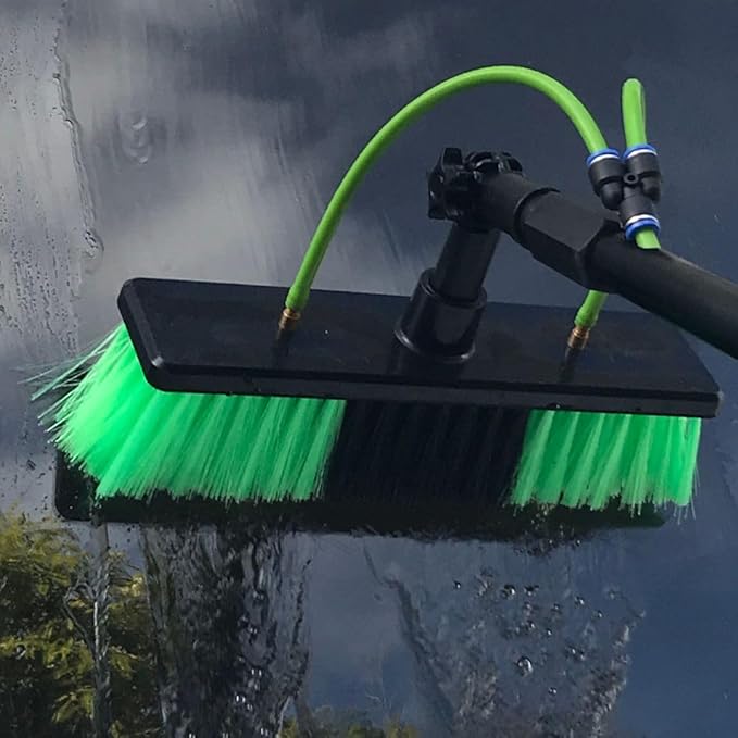 11" Nylon Bristle Brush Head for Superlite Water Fed Poles, Firm Bristles with 2 Brass Nozzles, Fits Standard Threaded Poles for High Reach Window and Solar Panel Cleaning, Spotless Clean
