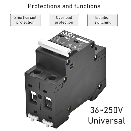 DC 36V to 250V Circuit Breaker 16/20/25/32/40/50/63A - 6kA PV Solar & Battery Protector, AC/DC Short-Circuit Overload Automatic Cut-Off, DIN Rail Mount, Fire-Safe Black Protector (20A)