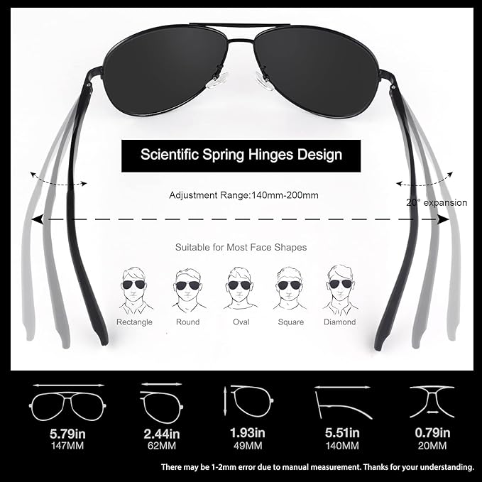 GQUEEN Classic Military Style Pilot Polarized Sunglasses Spring Hinges Al-Mg for mens womens MOS1