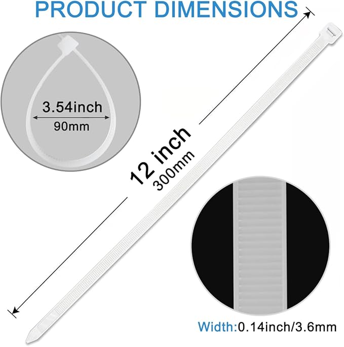 50 Pack 12 inch White Cable Zip Ties, Nylon Self Locking Plastic Wire Ties, UV-Resistant, Cable Ties with 40 lbs Tensile Strength, High/Low Temperature-Ideal for home, fence...