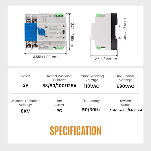 Automatic Transfer Switch for Generator 110V, 2Pole 63A 80A 100A 125A ATS Dual Power Switch with Manual Control, DIN Rail Mount, for Home RV Emergency Backup (2P 110V, 100A)
