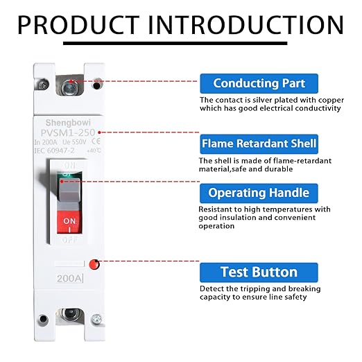 Main DC 200 Amp Circuit Breaker AC Disconnect Switch 1 Poles 550V Battery Thermal Magnetic Trip Power Solar UPS Station
