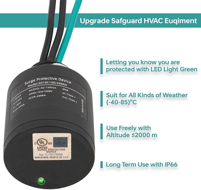 WeCooper 120/240VAC Universal HVAC Surge Protective Device,Type 1 SPD,25KA,IP66,SCCR 200KA,TFMV Technology,1-Phase,3-Wire, UL1449 4th,Ultimate Comprehensive Surge Protection
