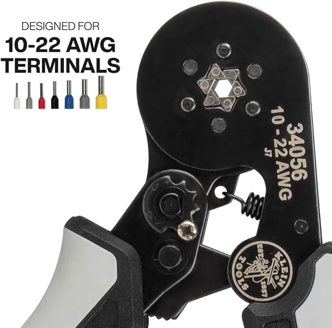 Klein Tools 34056 Ferrule Crimping Tool, Hex Crimper Pliers for 10 to 22 AWG Wire Terminals, Built-In Adjustable Ratchet, for Electrical Work