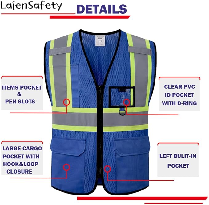 Hi Vis Reflective Safety Vest for Men Women with Multiple Pockets Mesh High Visibility Construction Work Vest,Meets ANSI/ISEA Standards(EK1-178-Blue-2XL)