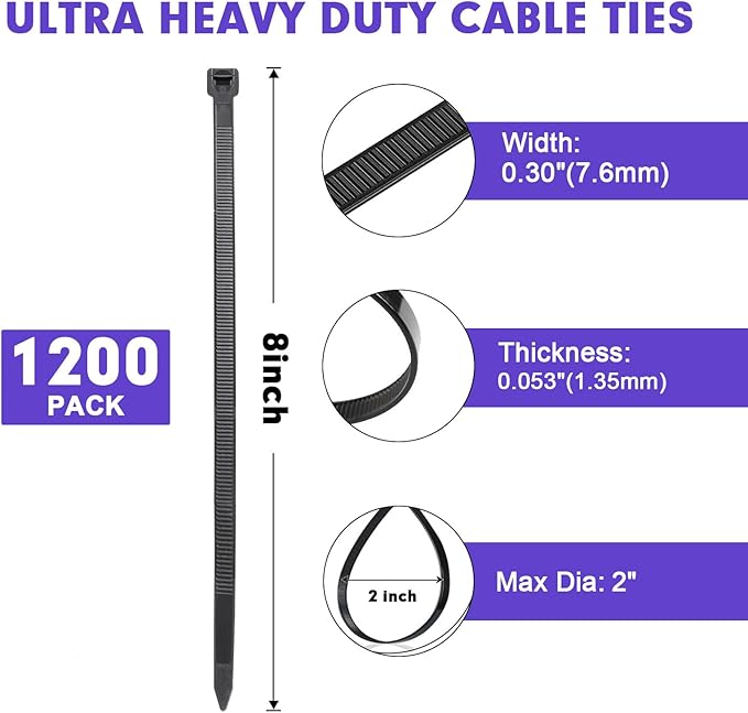 Zip Ties, RAZCC 1200pcs Black Cable Zip Ties 8 Inch, Heavy Duty Plastic Wire Ties with 100lb Tensile Strength, Self-Locking Black Nylon Tie Wraps for Indoor and Outdoor