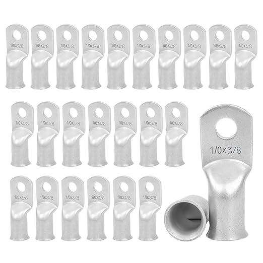 25Pcs 1/0 AWG 3/8"(M10) Stud Tinned Copper Ring Terminals Battery Cable Ends Wire Lugs 1/0 Gauge Battery Cable Lugs Heavy Duty Cable Lugs Pure Copper Eyelets Tubular Ring Terminal Connectors