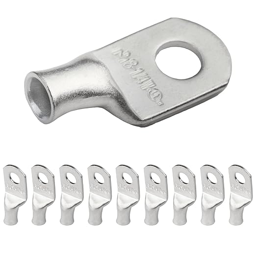 SELTERM 10pcs 8 AWG-1/4" Stud (Wide Pad) Tinned Copper Wire Lugs,Heavy Duty Battery Cable Ends,8 Gauge Ring Terminals,UL Battery Lugs Marine Grade Copper Eyelets Electrical Battery Terminal Connectors