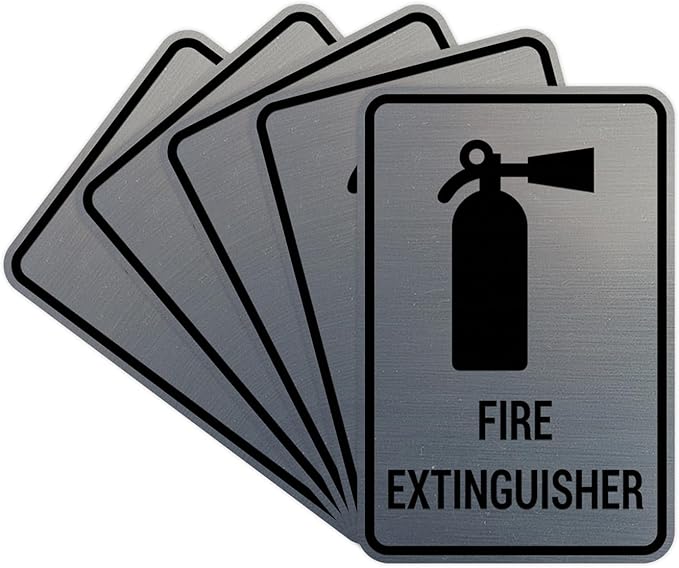 Signs ByLITA Portrait Round Fire Extinguisher Sign with Adhesive Tape, Mounts On Any Flat Surface (Brushed Silver) - Small (5 Pack)