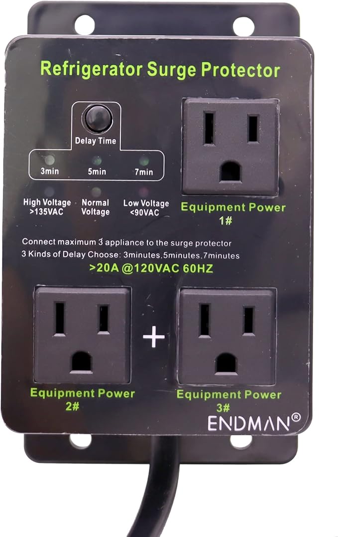 Refrigerator Surge Protector Three Outlet Voltage Protector for Home Appliances with Time Delay, Protects Against Brownout, Spike, Instant Surge All Voltage Abnormalities