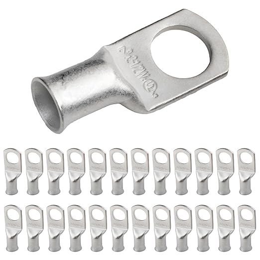 SELTERM 25pcs 2 AWG 1/2" Stud Marine Grade Tinned Copper Battery Cable Lugs, 2 Gauge Ring Terminals, UL Wire Lugs Electrical Battery Cable Ends, Tinned Copper Lugs Battery Terminal Connectors