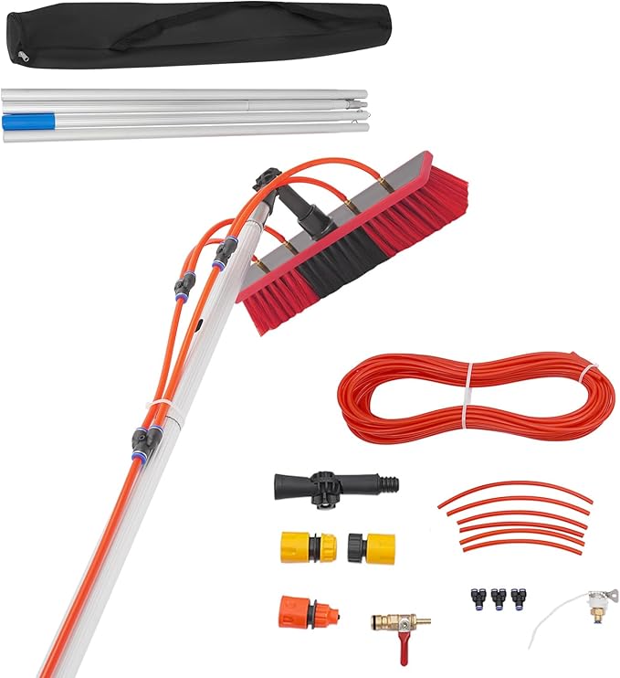 Solar Panel Cleaning Brush & Squeegee Kit, 13.12ft Long Reach Extendable Water Fed Pole Kit, Water Fed Window Cleaner Tool with 14" Brush, for Window Outdoor Roof Cleaner Kit (13.12FT Long)