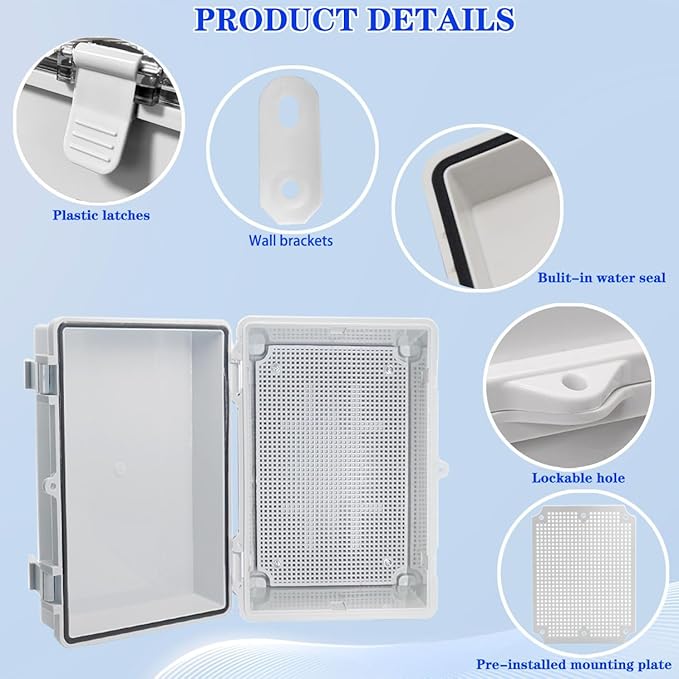 Waterproof Outdoor Electrical Box Junction Box Weatherproof IP67 ABS Plastic Enclosure Switch Router Project Box with Mounting Plate with Wall Bracket 2 Cable Glands Grey 11.4"x7.5"x5.5"