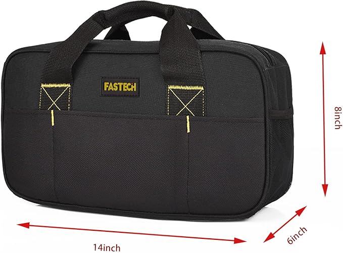 FASTECH Heavy Duty Tool Bag 14-Inch, Wide Mouth Tool Tote Bag, Waterproof Tool Organizer Bag, Electricians Repairman Tools Tote Bag (Black)