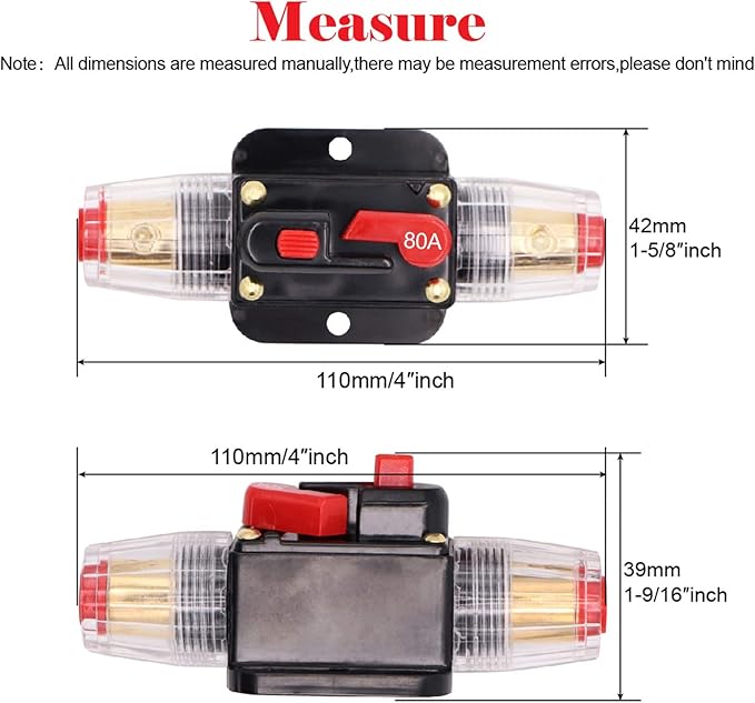 2 Piece 80A Audio Inline Circuit Breaker 12V with Manual Reset,80 amp Inline Fuse 0-8 Gauge for Car Audio, Stereo Switch and Solar Inverter System
