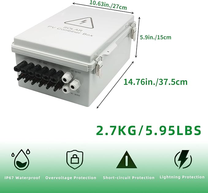 6 String Solar Combiner Box, IP65 Waterproof PV Combiner Box for On/Off Grid Solar System, with Lightning Arrester, 15ARated Current Fuse & 63A Circuit Breaker (Plastic Box)