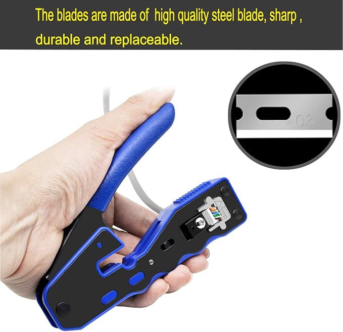RJ45 Crimp Tool Kit Ethernet Crimping Tool Wire Crimper Stripper Cutter for Cat5e Cat6 Cat6a Pass Thrugh Connectors with 10 pieces Cat6 Connectors and 1 piece mini wire stripper