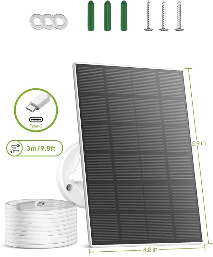 3W Solar Panel for Security Camera Wireless Outdoor - Compatible with Solar Security Cameras X2//F5/MW3/W3K/PG1/PW1, 10 ft Type C Cable,Suitable for All Solar Security Camera(Type C Port)